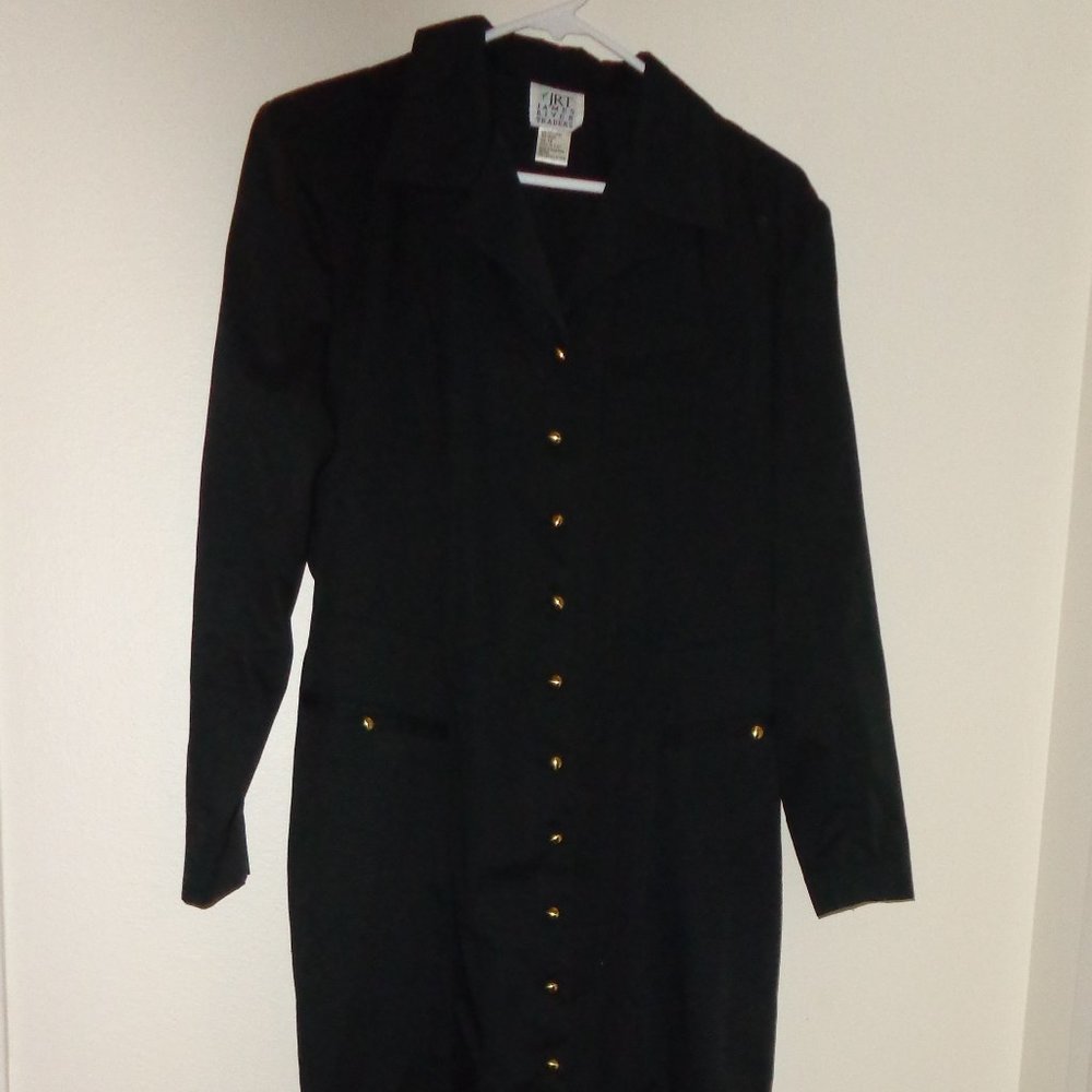 NWOT JRT Long sleeve Black Dress, Back Tie, Button Front, Shoulder pads - 12